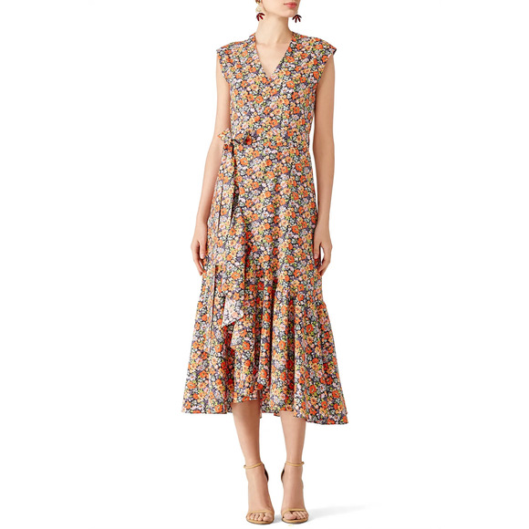 Rebecca Taylor Moonlight Floral Print Poplin Ruffle A-Line Wrap Dress Orange 4 - Picture 1 of 6